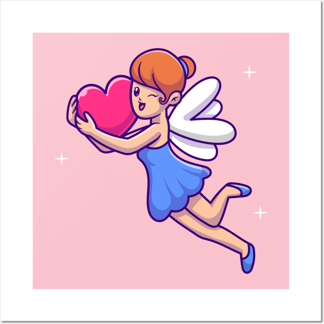 Cute Fairy Flying With Love Heart Cartoon Wall Art by Catalyst Labs